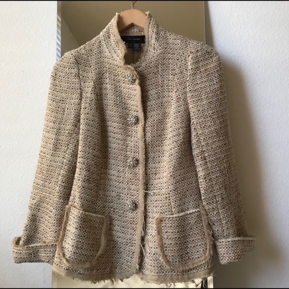 Zara Tweed Blazer Frayed Trims SZ 6 Pearl Buttons